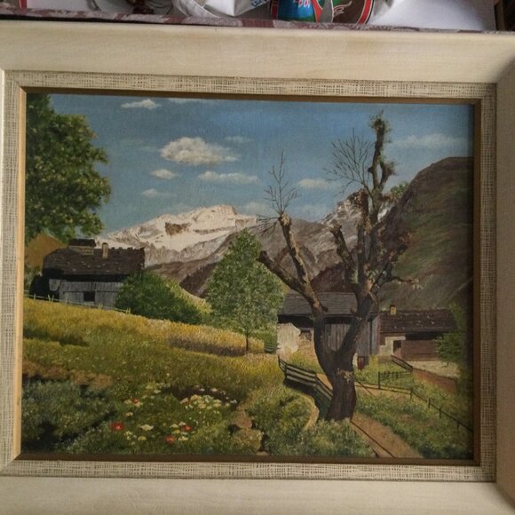 Vintage oil Painting on board old village mountain landscape wall hanging framed - Picture 1 of 12